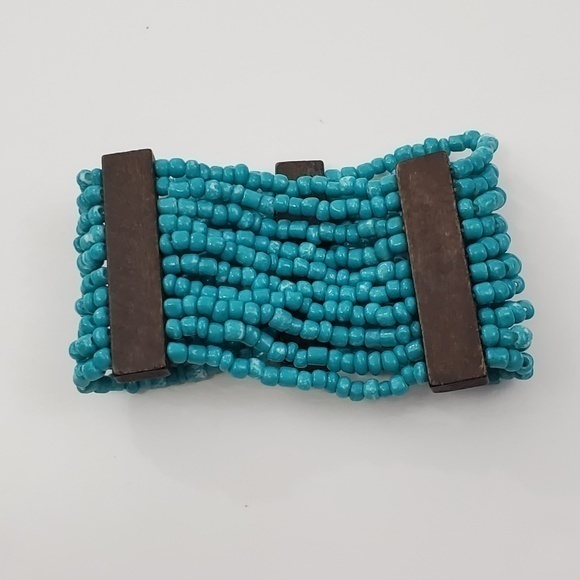 Faux Turquoise Beaded Bracelet Wood Brown Southwes - Picture 2 of 8